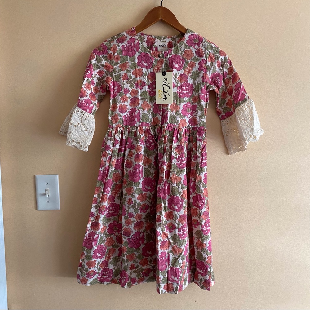 Utsa Kids Floral Lace Sleeve Dress Girls Size 9/10 Pink Boho Cottagecore - Picture 2 of 15